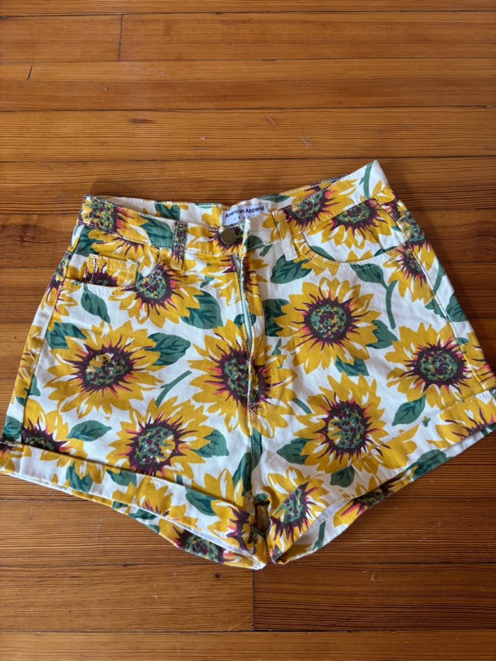 American Apparel Yellow Sunflower High-Waist Shorts